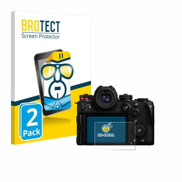 Front side of a product packaging with the brand logo BROTECT. Next to it is the device Panasonic Lumix S1R II shown with the 