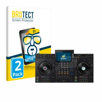 Front side of a product packaging with the brand logo BROTECT. Next to it is the device Pioneer XDJ-AZ shown with the correspo