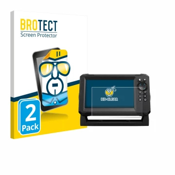 Front side of a product packaging with the brand logo BROTECT. Next to it is the device Lowrance Eagle 7 shown with the corres
