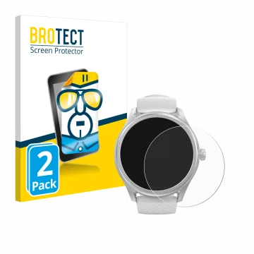 Front side of a product packaging with the brand logo BROTECT. Next to it is the device Hama Smartwatch 5010 shown with the co