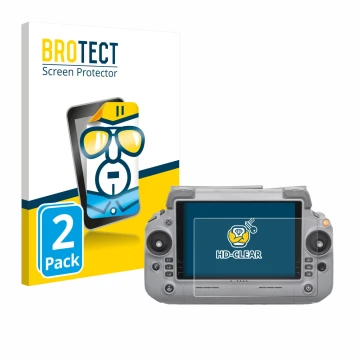 Front side of a product packaging with the brand logo BROTECT. Next to it is the device DJI RC Plus 2 shown with the correspon