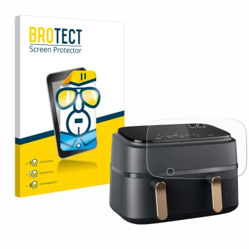 Front side of a product packaging with the brand logo BROTECT. Next to it is the device Philips Airfryer NA352/00 shown with t