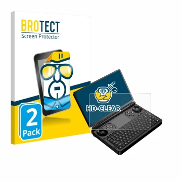 Front side of a product packaging with the brand logo BROTECT. Next to it is the device GPD Win Mini (2025) shown with the cor