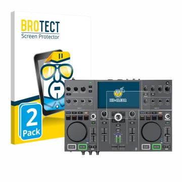 Front side of a product packaging with the brand logo BROTECT. Next to it is the device Denon DJ Prime Go+ shown with the corr