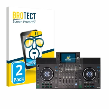 Front side of a product packaging with the brand logo BROTECT. Next to it is the device Denon DJ SC LIVE 4 (Jog) shown with th