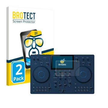 Front side of a product packaging with the brand logo BROTECT. Next to it is the device AlphaTheta OMNIS-Duo (Jog) shown with 