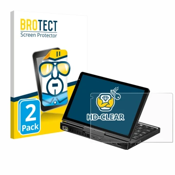 Front side of a product packaging with the brand logo BROTECT. Next to it is the device GPD Pocket 4 shown with the correspond