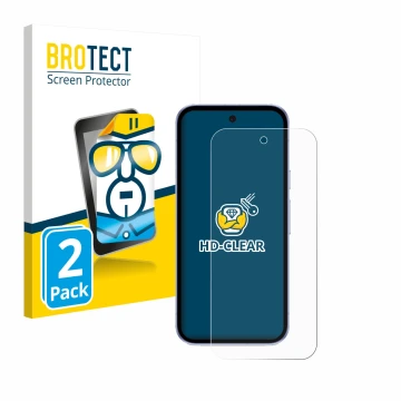 Front side of a product packaging with the brand logo BROTECT. Next to it is the device Google Pixel 9a shown with the corresp