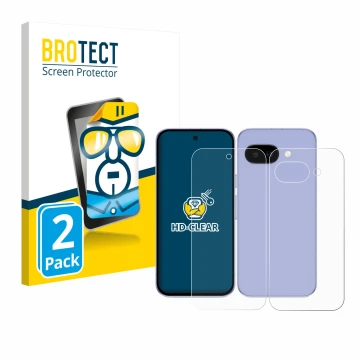 Front side of a product packaging with the brand logo BROTECT. Next to it is the device Google Pixel 9a (Front+Back) shown wit