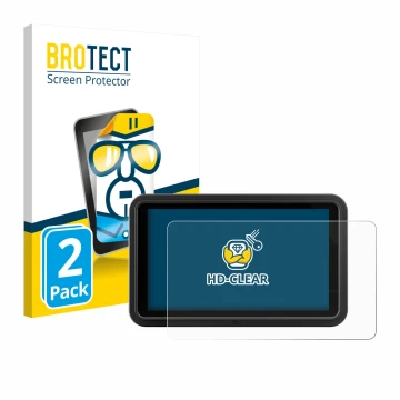 Front side of a product packaging with the brand logo BROTECT. Next to it is the device Atomos Shinobi Go shown with the corre