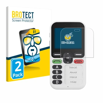 Front side of a product packaging with the brand logo BROTECT. Next to it is the device Doro Leva X10 shown with the correspon