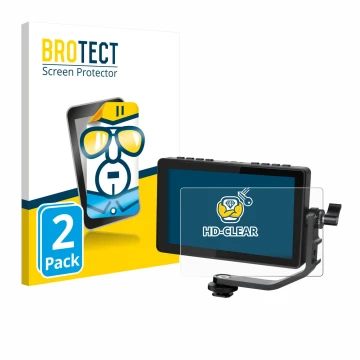 Front side of a product packaging with the brand logo BROTECT. Next to it is the device Feelworld F5 PROX 5,5