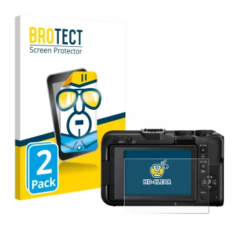 Front side of a product packaging with the brand logo BROTECT. Next to it is the device Canon EOS R50 V shown with the corresp