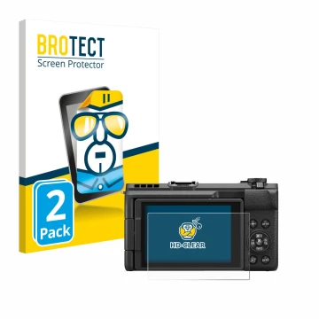 Front side of a product packaging with the brand logo BROTECT. Next to it is the device Canon PowerShot V1 shown with the corr