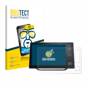 Front side of a product packaging with the brand logo BROTECT. Next to it is the device Humminbird Xplore 12 shown with the co