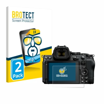 Front side of a product packaging with the brand logo BROTECT. Next to it is the device Nikon Z5 II shown with the correspondi