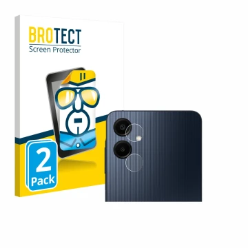 Front side of a product packaging with the brand logo BROTECT. Next to it is the device Samsung Galaxy A06 5G (ONLY Camera Len