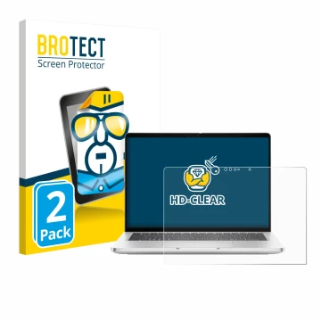 Front side of a product packaging with the brand logo BROTECT. Next to it is the device Dell Pro 13 Plus 2-in-1 shown with the