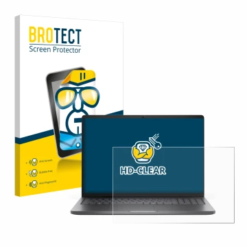 Front side of a product packaging with the brand logo BROTECT. Next to it is the device Dell Pro 16 PC16250 shown with the cor