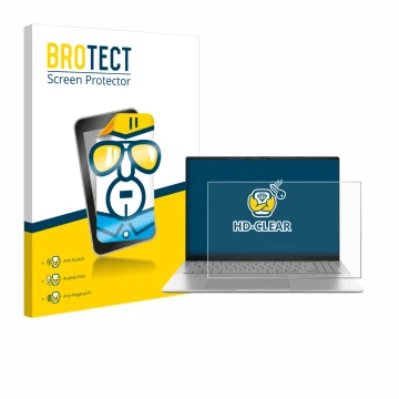Front side of a product packaging with the brand logo BROTECT. Next to it is the device ASUS Vivobook S16 S3607 shown with the