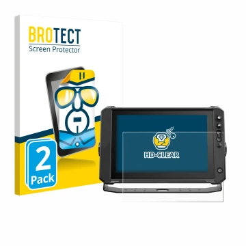 Front side of a product packaging with the brand logo BROTECT. Next to it is the device Lowrance Elite FS 10 shown with the co