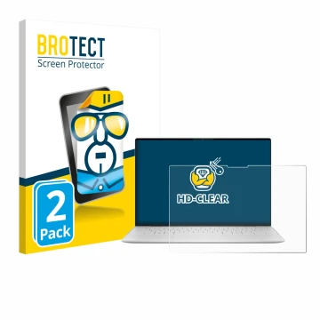 Front side of a product packaging with the brand logo BROTECT. Next to it is the device Dell XPS 13 9350 2024 shown with the c