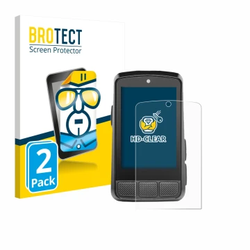 Front side of a product packaging with the brand logo BROTECT. Next to it is the device Wahoo Elemnt Bolt 3 shown with the cor