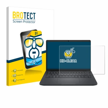 Front side of a product packaging with the brand logo BROTECT. Next to it is the device Dell Pro Max 14 shown with the corresp