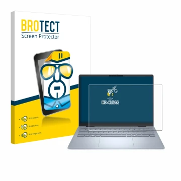 Front side of a product packaging with the brand logo BROTECT. Next to it is the device Dell 14 Plus Laptop shown with the cor
