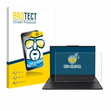 Front side of a product packaging with the brand logo BROTECT. Next to it is the device Lenovo ThinkPad P16s Gen 4 shown with 