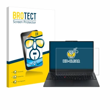 Front side of a product packaging with the brand logo BROTECT. Next to it is the device Lenovo ThinkPad E16 Gen 3 shown with t