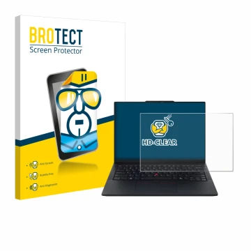 Front side of a product packaging with the brand logo BROTECT. Next to it is the device Lenovo ThinkPad E14 Gen 7 shown with t