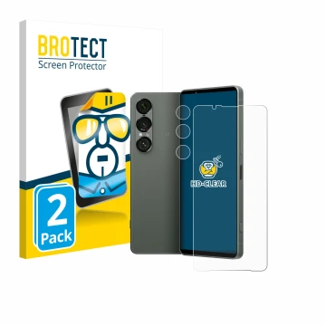 Front side of a product packaging with the brand logo BROTECT. Next to it is the device Sony Xperia 1 VII (Front+Camera) shown
