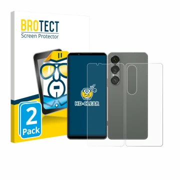 Front side of a product packaging with the brand logo BROTECT. Next to it is the device Sony Xperia 1 VII (Front+Back) shown w
