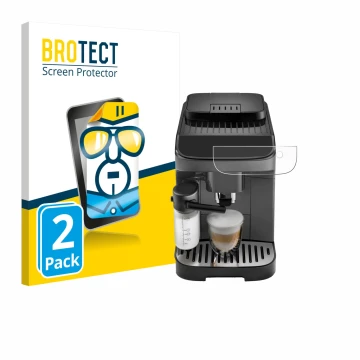 Front side of a product packaging with the brand logo BROTECT. Next to it is the device DeLonghi Magnifica Evo shown with the 