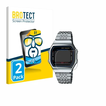 Front side of a product packaging with the brand logo BROTECT. Next to it is the device Casio iconic ABL-100WE-1A shown with t
