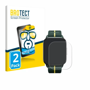 Front side of a product packaging with the brand logo BROTECT. Next to it is the device Motorola Moto watch fit shown with the