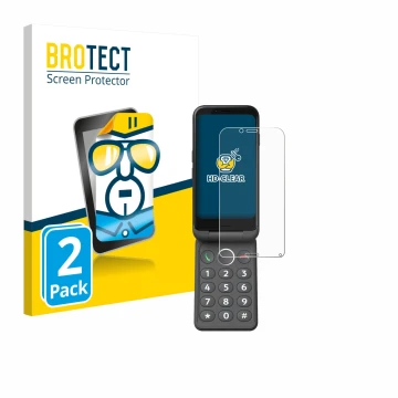 Front side of a product packaging with the brand logo BROTECT. Next to it is the device Doro Aurora A20 shown with the corresp