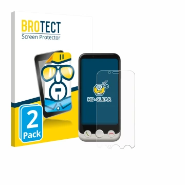 Front side of a product packaging with the brand logo BROTECT. Next to it is the device Doro Aurora A10 shown with the corresp
