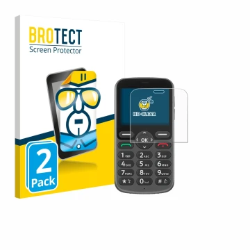 Front side of a product packaging with the brand logo BROTECT. Next to it is the device Doro 1380 shown with the corresponding