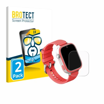 Front side of a product packaging with the brand logo BROTECT. Next to it is the device AngelTech Kids Smartwatch Ultra 1.83