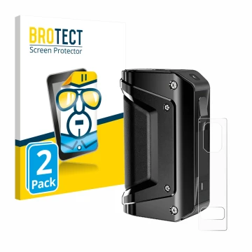 Front side of a product packaging with the brand logo BROTECT. Next to it is the device GeekVape Aegis Legend 3 shown with the