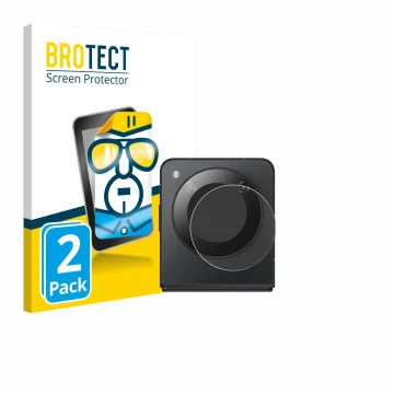 Front side of a product packaging with the brand logo BROTECT. Next to it is the device Nubia Flip 5G (ONLY Camera) shown with