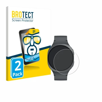 Front side of a product packaging with the brand logo BROTECT. Next to it is the device Samsung Galaxy Watch 8 (40 mm) shown w