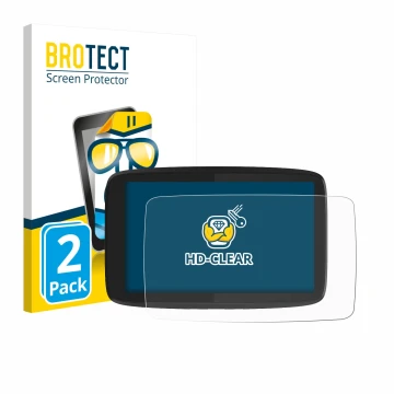 Front side of a product packaging with the brand logo BROTECT. Next to it is the device TomTom GO Camper Tour shown with the c