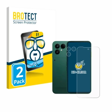 Front side of a product packaging with the brand logo BROTECT. Next to it is the device Fairphone 6 (Front+Camera) shown with 