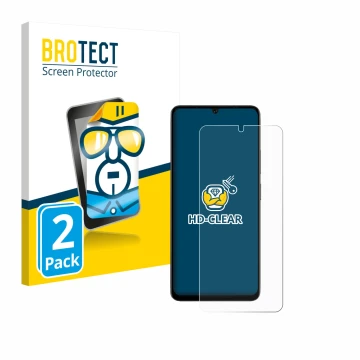 Front side of a product packaging with the brand logo BROTECT. Next to it is the device Doogee Note 59 Pro Plus shown with the