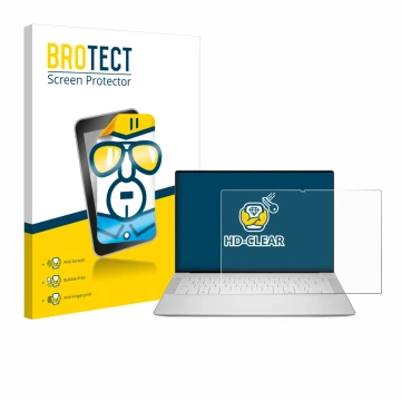 Front side of a product packaging with the brand logo BROTECT. Next to it is the device Dell 14 Premium Laptop shown with the 
