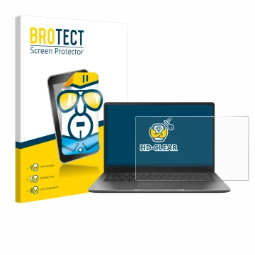 Front side of a product packaging with the brand logo BROTECT. Next to it is the device ASUS Chromebook Plus CX14 shown with t