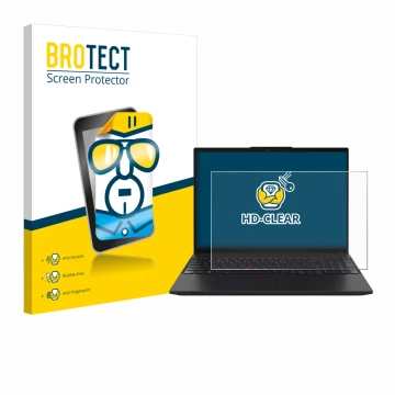 Front side of a product packaging with the brand logo BROTECT. Next to it is the device Lenovo ThinkPad L16 Gen 2 shown with t